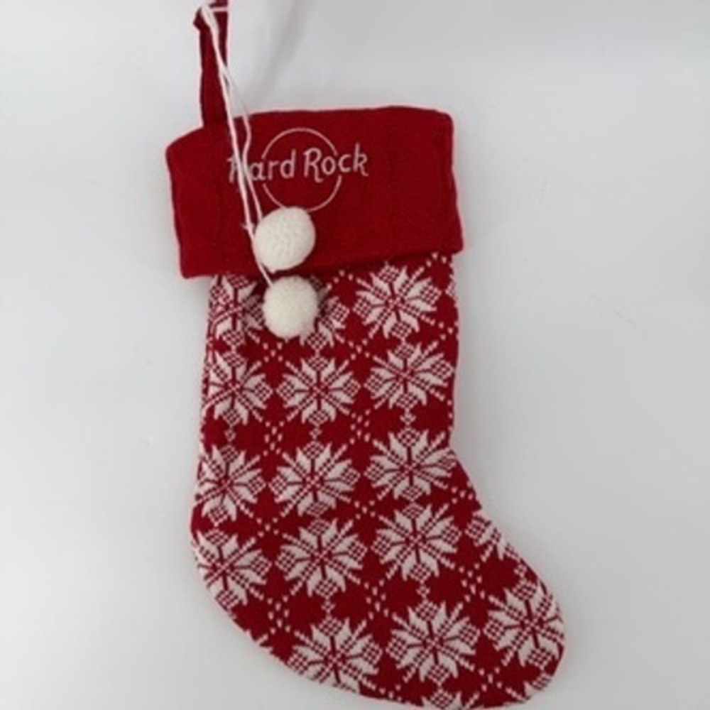Hard Rock Cafe Holiday Stocking Red White Knit Snowflake Pom Poms New